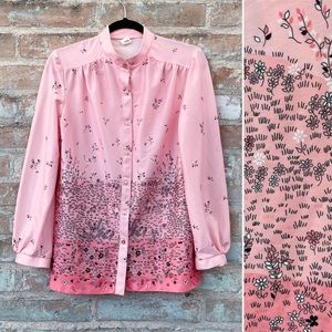 Vintage Novelty Blouse 60s Pink Button Top Drawing Illustration Flowers Hippie